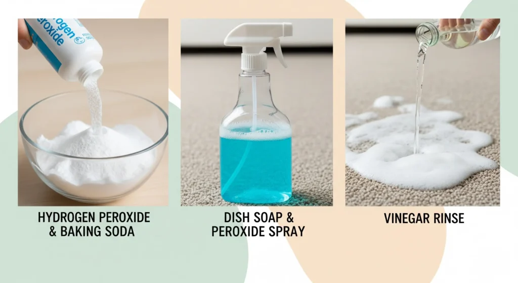 Three DIY carpet cleaning mixtures including hydrogen peroxide, baking soda, vinegar, and dish soap