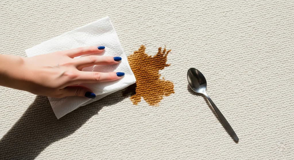 Blotting a fresh stain on carpet with paper towel and spoon nearby