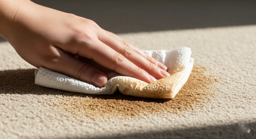 Using a towel to blot out a carpet stain after peroxide treatment
