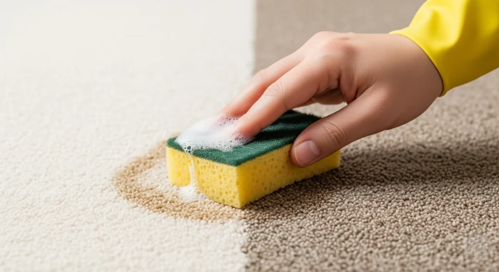 Damp sponge being used to clean treated area of the carpet