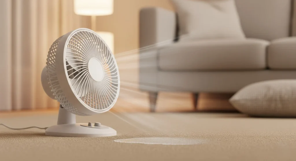 Fan blowing air over a damp patch on carpet to dry it quickly
