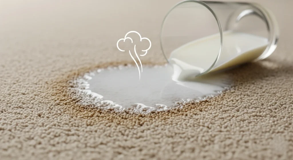 Fresh spilled milk stain on carpet with odor indication.