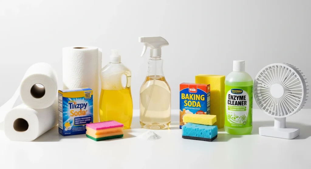 Cleaning tools and ingredients needed for removing milk stains from carpet