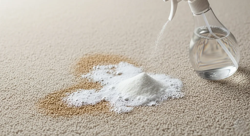Applying baking soda and white vinegar to carpet stain for odor removal