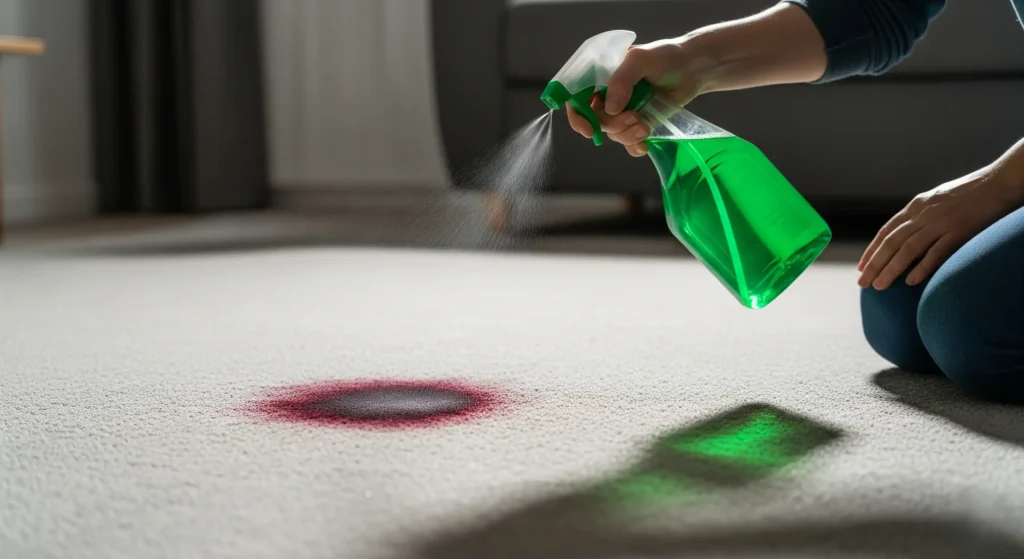 Applying enzyme cleaner to deep milk stains on carpet.