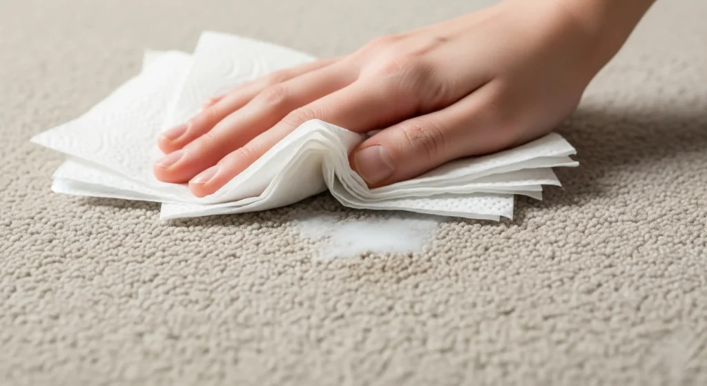 Blotting milk spill on carpet with paper towels.