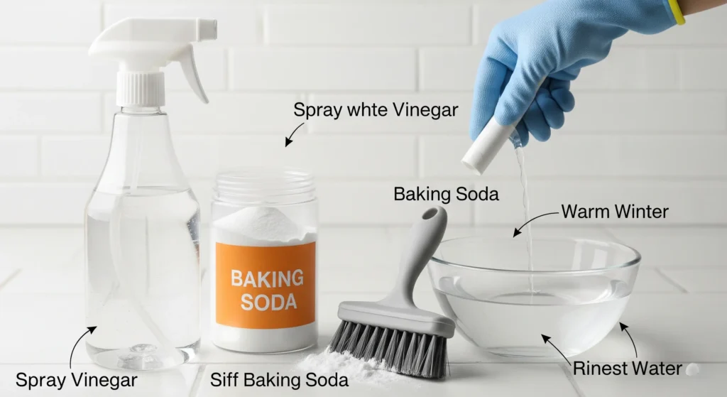 Grout cleaning ingredients including vinegar, baking soda, spray bottle, and brush