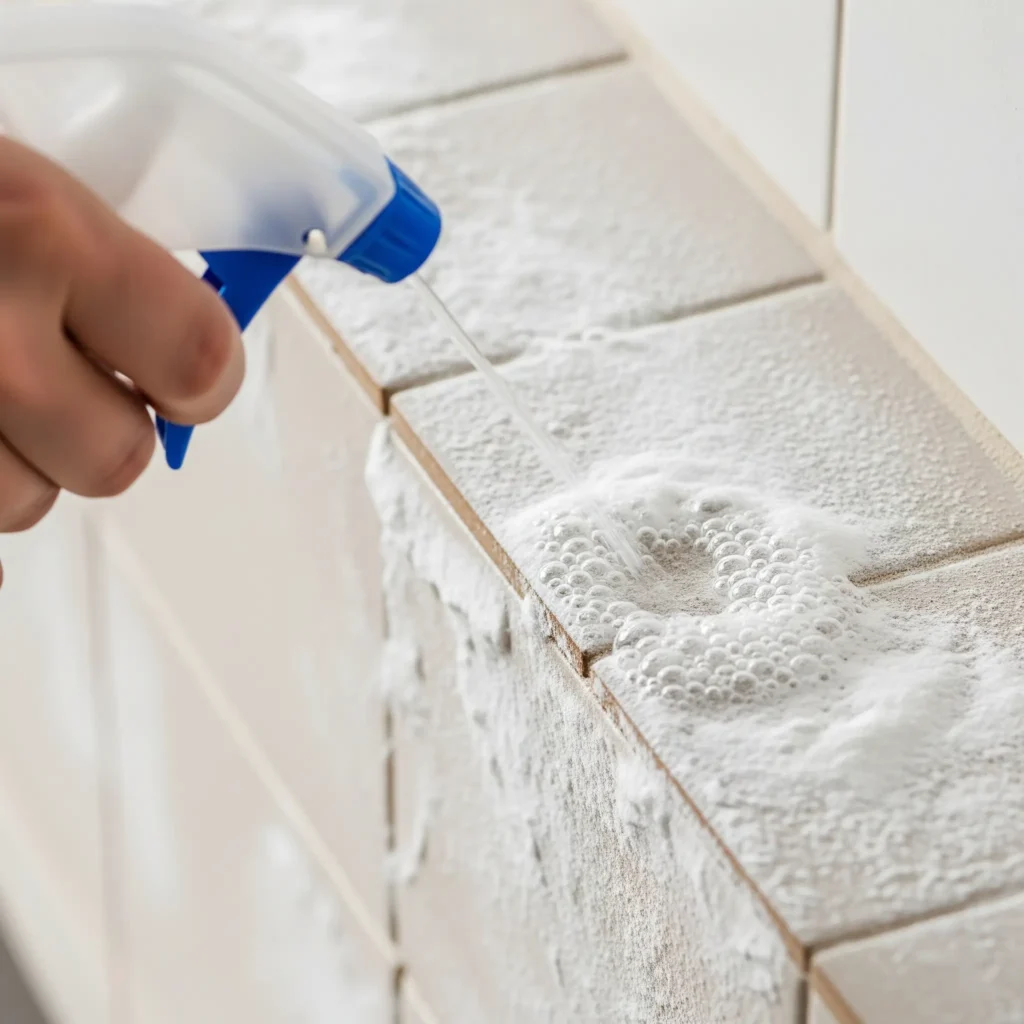 Vinegar and baking soda reacting on grout during cleaning