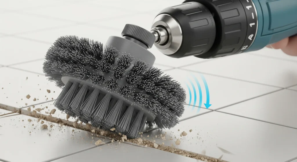 Using a drill brush attachment to clean tile grout quickly