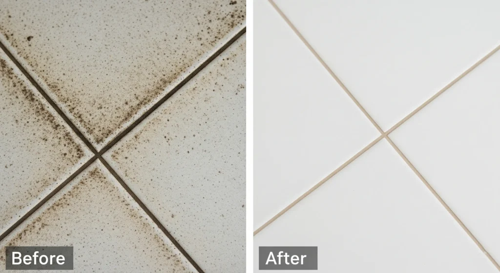 Before and after grout cleaned with vinegar and baking soda